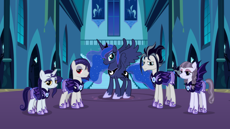 Size: 5347x3008 | Tagged: safe, artist:andoanimalia, artist:drakizora, derpibooru import, funnel web, inky rose, moonlight raven, princess luna, snow hope, alicorn, earth pony, pegasus, pony, unicorn, armor, bat wings, castle of the royal pony sisters, goth pony, image, night guard armor, png, wings