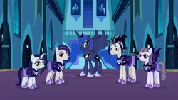 Size: 5347x3008 | Tagged: safe, artist:andoanimalia, artist:drakizora, derpibooru import, funnel web, inky rose, moonlight raven, princess luna, snow hope, alicorn, earth pony, pegasus, pony, unicorn, armor, bat wings, castle of the royal pony sisters, goth pony, image, night guard armor, png, wings