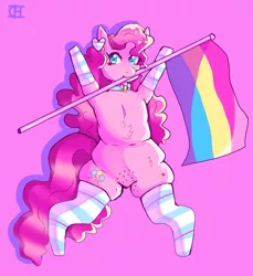 Size: 4691x5117 | Tagged: safe, artist:cheesebunart, derpibooru import, pinkie pie, earth pony, pony, chubby, clothes, female, flag, image, jpeg, mare, mouth hold, pansexual pride flag, pink background, pride, pride flag, simple background, socks, solo, striped socks