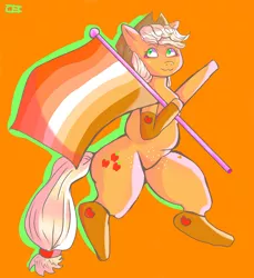 Size: 4691x5117 | Tagged: safe, artist:cheesebunart, derpibooru import, applejack, earth pony, pony, female, flag, hat, image, jpeg, lesbian pride flag, mare, orange background, pride, pride flag, signature, simple background, solo, waving