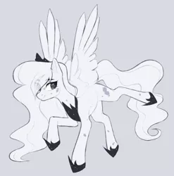 Size: 960x972 | Tagged: safe, artist:pparsley, derpibooru import, princess luna, alicorn, pony, black and white, crown, ethereal mane, ethereal tail, eye clipping through hair, eyebrows, eyebrows visible through hair, eyelashes, female, flowing mane, flowing tail, gray background, grayscale, hoof shoes, image, jewelry, mare, missing horn, monochrome, peytral, png, raised hoof, raised leg, regalia, simple background, sketch, smiling, smirk, solo, spread wings, tail, transparent mane, wings