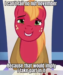 Size: 602x716 | Tagged: safe, derpibooru import, edit, edited screencap, screencap, big macintosh, earth pony, pony, dungeons and discords, caption, cute, dungeons and dragons, faic, grin, image, image macro, jpeg, lidded eyes, lip bite, macabetes, male, no nut november, ogres and oubliettes, out of context, pen and paper rpg, rpg, smiling, solo, stallion, tabletop game, text