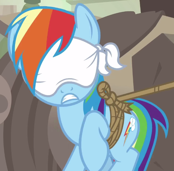 Size: 647x634 | Tagged: safe, derpibooru import, screencap, rainbow dash, daring done?, blindfold, cropped, image, png, rainbond dash, solo, tied up