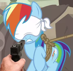 Size: 720x706 | Tagged: semi-grimdark, derpibooru import, edit, edited screencap, screencap, rainbow dash, daring done?, abuse, abuse edit, blindfold, cropped, dashabuse, gun, image, png, rainbond dash, solo, tied up, weapon