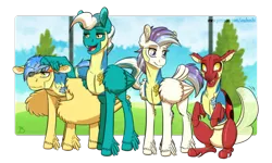 Size: 1772x1064 | Tagged: safe, artist:inuhoshi-to-darkpen, derpibooru import, oc, oc:aerospace, oc:coccinella, oc:misty skies, oc:stratos sphere, unofficial characters only, changeling, pegasus, pony, badge, clothes, cloud, cross-popping veins, ear fluff, eye clipping through hair, feathered fetlocks, female, image, male, mare, open mouth, pegasus oc, png, sitting, smiling, stallion, uniform, unshorn fetlocks, wingpony badge, wings, wonderbolt trainee uniform, wonderbolts academy (place)