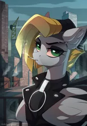 Size: 2500x3616 | Tagged: safe, artist:redchetgreen, derpibooru import, oc, oc:tlen borowski, unofficial characters only, pegasus, pony, badass, cigarette, city, cyberpunk, ear piercing, female, image, looking at you, mare, pegasus oc, piercing, png, smoking, solo, wings