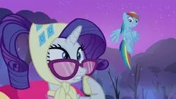 Size: 1280x720 | Tagged: safe, derpibooru import, screencap, rainbow dash, rarity, pegasus, pony, unicorn, sleepless in ponyville, camping outfit, clothes, duo, duo female, female, flying, glasses, image, lip bite, mare, night, png, shocked