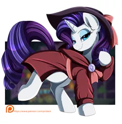 Size: 3309x3350 | Tagged: safe, artist:pridark, derpibooru import, rarity, pony, unicorn, clothes, commission, cool, detective rarity, element of generosity, female, hat, high res, image, jacket, looking at you, mare, patreon, patreon logo, png, shadow spade, simple background, smiling, solo