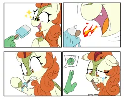 Size: 3527x2849 | Tagged: safe, artist:icey, derpibooru import, autumn blaze, oc, oc:anon, kirin, awwtumn blaze, crying, curly mane, cute, cute little fangs, disembodied hand, drool, eyelashes, fangs, fire, fire breath, floppy ears, food, hand, ice cream, image, melting, oops, open, open mouth, open smile, png, popsicle, sad, smiling, sparkles