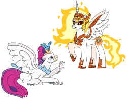 Size: 3065x2393 | Tagged: safe, artist:supahdonarudo, derpibooru import, daybreaker, queen novo, alicorn, classical hippogriff, hippogriff, my little pony: the movie, armor, crying, emotional, image, lying down, mane of fire, png, prone, raised hoof, reaching out, simple background, surprised, transparent background