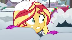 Size: 1920x1072 | Tagged: safe, derpibooru import, screencap, sunset shimmer, equestria girls, equestria girls series, holidays unwrapped, spoiler:eqg series (season 2), image, png, saving pinkie's pie, snow, solo