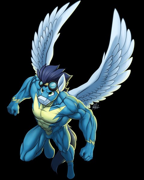 Size: 1701x2125 | Tagged: suggestive, alternate version, artist:ponyanony, derpibooru import, soarin', anthro, unguligrade anthro, abs, bara, clothes, goggles, image, jpeg, male, muscles, partial nudity, pecs, serious, serious face, soaripped, solo, solo male, suit, swolin', uniform, wonderbolts, wonderbolts uniform