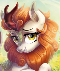Size: 665x793 | Tagged: artist needed, safe, derpibooru import, autumn blaze, kirin, beautiful, bedroom eyes, digital painting, female, grass, grin, image, jpeg, leonine tail, looking at you, painting, profile, scales, shiny mane, sky, smiling, smiling at you, sunshine, tail