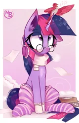 Size: 1941x3032 | Tagged: safe, artist:nevobaster, derpibooru import, twilight sparkle, pony, unicorn, bag, clothes, cute, earmuffs, female, glasses, high res, house finch, image, mare, nevobaster is trying to murder us, paper, pink socks, png, scarf, singing, sitting, snow, socks, solo, twiabetes, unicorn twilight, winter