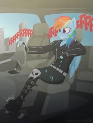 Size: 1200x1600 | Tagged: safe, artist:willoillo, derpibooru import, rainbow dash, anthro, pegasus, boots, car, clothes, commission, driving, female, grin, image, jacket, leather jacket, pedal, png, punk, shoes, smiling, solo