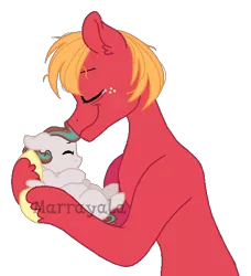Size: 536x587 | Tagged: safe, artist:marrayala, derpibooru import, big macintosh, oc, oc:butter apple, earth pony, pegasus, pony, baby, baby pony, base used, colt, crying, duo, eyes closed, father and child, father and son, holding a pony, image, liquid pride, male, messy mane, offspring, parent:big macintosh, parent:fluttershy, parents:fluttermac, png, simple background, smiling, tears of joy, teary eyes, transparent background, unshorn fetlocks, watermark