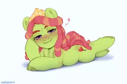 Size: 2330x1534 | Tagged: safe, artist:muhomora, derpibooru import, tree hugger, earth pony, pony, bedroom eyes, blushing, chibi, female, floating heart, heart, image, looking at you, lying down, mare, png, prone, solo