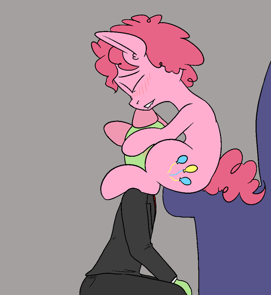 Size: 1000x1086 | Tagged: questionable, artist:happy harvey, derpibooru import, pinkie pie, oc, oc:anon, earth pony, human, pony, blushing, clothes, drawn on phone, ear fluff, eyes closed, gay, holding head, human on pony action, image, implied blowjob, implied oral, implied sex, interspecies, kneeling, lip bite, male, png, rule 63, sitting, suit