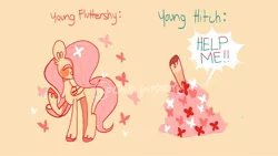 Size: 1280x720 | Tagged: safe, artist:sockiepuppetry, derpibooru import, fluttershy, hitch trailblazer, butterfly, earth pony, insect, pegasus, pony, my little pony: a new generation, adorable distress, blushing, colt, colt hitch trailblazer, critter magnet, cute, duo, female, filly, filly fluttershy, g5, hair over one eye, hitchbetes, image, jpeg, male, raised hoof, shyabetes, unshorn fetlocks, younger