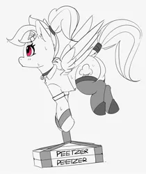 Size: 1666x1982 | Tagged: safe, artist:pabbley, derpibooru import, rainbow dash, pegasus, pony, alternate hairstyle, clothes, female, flying, grayscale, hoof strap, image, jpeg, mare, monochrome, neo noir, partial color, peetzer, pizza box, ponytail, socks, solo, stockings, sweat, thigh highs