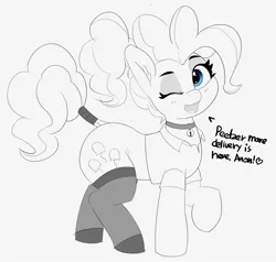 Size: 2428x2308 | Tagged: safe, artist:pabbley, derpibooru import, pinkie pie, earth pony, pony, bell, bell collar, clothes, collar, dialogue, eyeshadow, grayscale, image, implied anon, jpeg, looking at you, makeup, monochrome, neo noir, one eye closed, open mouth, open smile, partial color, ponytail, simple background, smiling, socks, solo, stockings, tail, tail wrap, thigh highs, white background, wink, winking at you