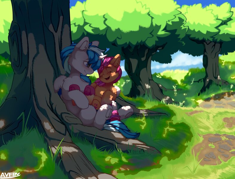 Size: 2048x1560 | Tagged: safe, artist:avery-valentine, derpibooru import, sunny starscout, oc, oc:snowstorm, alicorn, earth pony, pony, background, blushing, canon x oc, commission, forest, g5, image, jpeg, results, shipping, smiling, tree