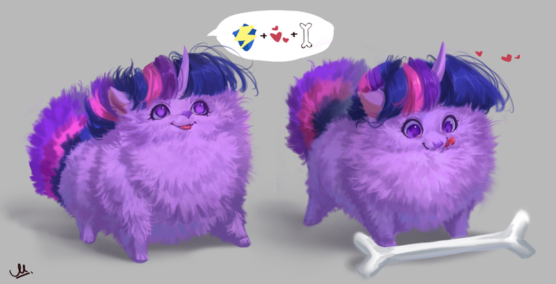 Size: 2009x1027 | Tagged: safe, artist:makkah, derpibooru import, twilight sparkle, chihuahua, dog, bone, dogified, excessive fluff, female, floating heart, fluffy, gray background, heart, horn, image, implied flash sentry, jpeg, pictogram, simple background, solo, species swap, tongue out