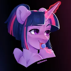 Size: 1500x1500 | Tagged: safe, artist:muhomora, derpibooru import, twilight sparkle, twilight sparkle (alicorn), alicorn, pony, bust, candy, female, food, image, magic, mare, png, portrait, solo, tongue out