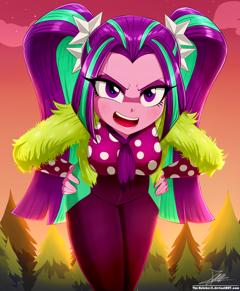 Size: 1784x2163 | Tagged: safe, artist:the-butch-x, derpibooru import, aria blaze, equestria girls, angry, female, hand on hip, image, looking at you, music festival outfit, open mouth, pigtails, pine tree, png, redraw, solo, tree, twintails