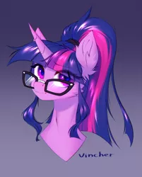 Size: 1204x1500 | Tagged: safe, artist:vincher, derpibooru import, twilight sparkle, alicorn, pony, bust, female, glasses, gradient background, image, mare, png, ponytail, portrait, solo