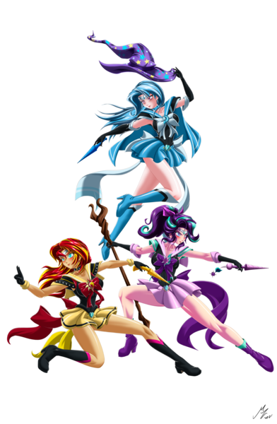 Size: 2854x4367 | Tagged: safe, alternate version, artist:mauroz, derpibooru import, part of a set, starlight glimmer, sunset shimmer, trixie, human, alternate hairstyle, anime, badass, boots, breasts, cape, clothes, cosplay, costume, female, gritted teeth, high heel boots, humanized, image, leotard, magic, magical girl, magician outfit, open mouth, png, sailor moon, sailor scout, shoes, simple background, skirt, sleeveless, transparent background, wand