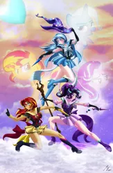 Size: 2854x4367 | Tagged: safe, artist:mauroz, derpibooru import, part of a set, starlight glimmer, sunset shimmer, trixie, human, pony, unicorn, alternate hairstyle, anime, badass, boots, breasts, cape, clothes, cosplay, costume, female, gritted teeth, high heel boots, humanized, image, leotard, magic, magical girl, magician outfit, open mouth, png, sailor moon, sailor scout, shoes, skirt, sleeveless, wand