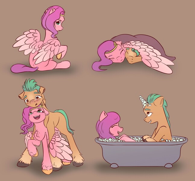 Size: 2048x1900 | Tagged: source needed, safe, artist:itssim, artist:itssim-stuff, derpibooru import, hitch trailblazer, pipp petals, earth pony, pegasus, pony, my little pony: a new generation, adorapipp, bathtub, blanket, blushing, brown background, bubble, chest fluff, couple, cuddling, cute, fake horn, female, g5, happy, headband, height difference, hitchbetes, hitchpipp, hug, image, itssim is trying to murder us, jpeg, looking at each other, looking at someone, love, male, mare, shipping, simple background, smiling, stallion, straight, unshorn fetlocks, wholesome, wing blanket, winghug, wings