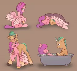 Size: 2048x1900 | Tagged: source needed, safe, artist:itssim, artist:itssim-stuff, derpibooru import, hitch trailblazer, pipp petals, earth pony, pegasus, pony, my little pony: a new generation, adorapipp, bathtub, blanket, blushing, brown background, bubble, chest fluff, couple, cuddling, cute, fake horn, female, g5, happy, headband, height difference, hitchbetes, hitchpipp, hug, image, itssim is trying to murder us, jpeg, looking at each other, looking at someone, love, male, mare, shipping, simple background, smiling, stallion, straight, unshorn fetlocks, wholesome, wing blanket, winghug, wings