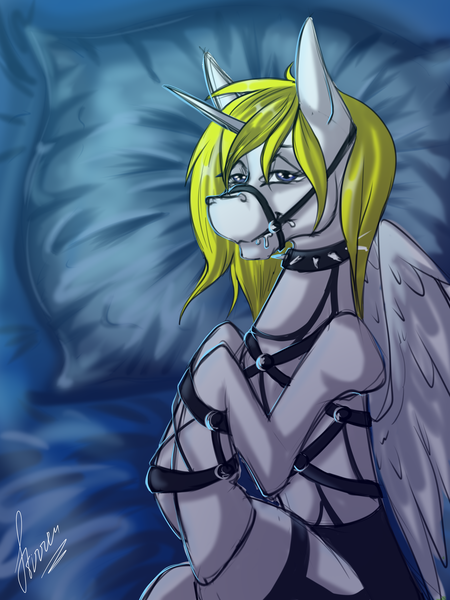 Size: 3000x4000 | Tagged: suggestive, artist:stirren, derpibooru import, oc, oc:deadie, alicorn, pony, alicorn oc, bedroom eyes, bit gag, bondage, bridle, collar, commission, drool, gag, harness, horn, image, looking at you, muzzle, png, solo, spiked collar, tack, wings, ych result