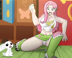 Size: 3600x2900 | Tagged: suggestive, artist:perfectduwang, derpibooru import, angel bunny, fluttershy, human, rabbit, werewolf, animal, body hair, boots, breasts, busty fluttershy, cleavage, clothes, commission, drool, equestria girls outfit, fangs, female, female focus, fluttershy's cottage, humanized, image, open mouth, panties, png, pubic hair, ripping clothes, shoes, skirt, solo focus, teary eyes, transformation, underwear