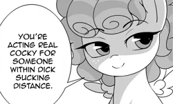 Size: 1470x890 | Tagged: suggestive, artist:shinodage, cozy glow, pegasus, pony, black and white, dialogue, female, filly, grayscale, image, implied blowjob, implied oral, implied sex, monochrome, png, speech bubble