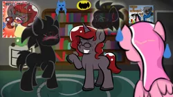 Size: 2560x1440 | Tagged: safe, artist:tranzmuteproductions, derpibooru import, oc, oc:curse word, oc:thelostnarrator, unofficial characters only, pony, unicorn, alicorn co, angry, blushing, female, grin, image, indoors, male, mare, png, smiling, stallion