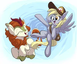 Size: 1200x1000 | Tagged: safe, artist:rocket-lawnchair, derpibooru import, autumn blaze, derpy hooves, kirin, pegasus, pony, cap, duo, eyes closed, feather, hat, image, mailbag, open mouth, open smile, png, smiling, spread wings, wings