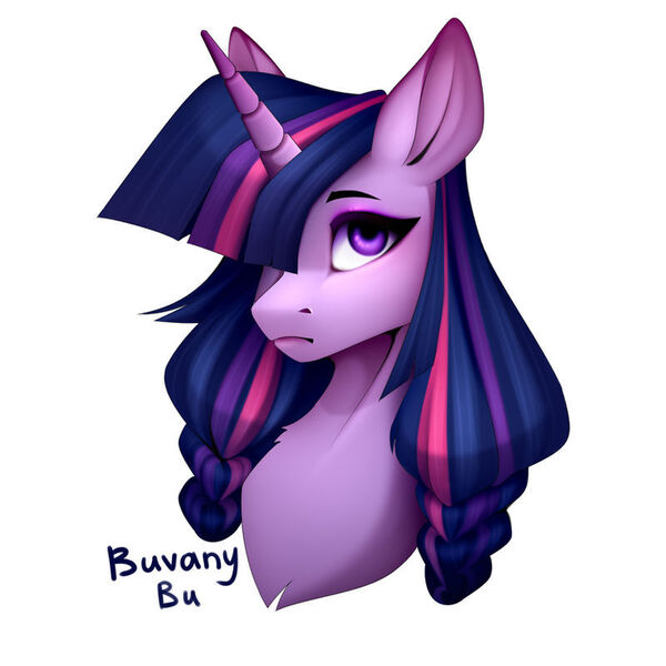 Size: 800x800 | Tagged: safe, artist:buvanybu, derpibooru import, twilight sparkle, pony, alternate hairstyle, bust, chest fluff, cute, female, hair over one eye, image, jpeg, mare, portrait, simple background, solo, twiabetes, white background