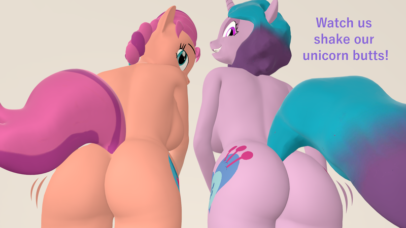 Size: 1920x1080 | Tagged: questionable, artist:papadragon69, derpibooru import, izzy moonbow, sunny starscout, anthro, unicorn, 3d, ass, butt, butt shake, g5, image, izzy moonbutt, png, source filmmaker, sunny starbutt, watch us shake our unicorn butts