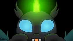 Size: 1280x720 | Tagged: safe, artist:tcgamebot, derpibooru import, changeling, dark background, fangs, glow, glowing eyes, glowing horn, horn, image, looking at you, magic, png, simple background, smiling, solo, spread wings, tongue out, wings