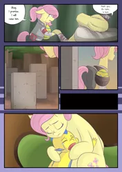 Size: 2893x4092 | Tagged: safe, artist:mustachedbain, derpibooru import, fluttershy, oc, oc:izen, dragon, pony, comic:my dragon children, comic, fluttermom, gravestone, image, implied death, png