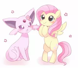 Size: 1959x1710 | Tagged: safe, artist:ginmaruxx, derpibooru import, fluttershy, espeon, pegasus, pony, bipedal, blushing, crossover, cute, duo, female, image, jpeg, looking at someone, mare, pokémon, shyabetes, simple background, sitting, smiling, spread wings, standing, three quarter view, white background, wings