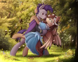 Size: 3900x3100 | Tagged: safe, artist:uliovka, derpibooru import, oc, oc:ondrea, oc:thunder run, unofficial characters only, bat pony, pegasus, pony, clothes, commission, dress, female, forest, grass, image, lidded eyes, looking at each other, male, oc x oc, png, romantic, scenery, shipping, smiling, straight, thundrea, tree, tribal markings, wings