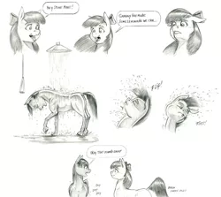 Size: 1400x1248 | Tagged: safe, artist:baron engel, derpibooru import, apple bloom, oc, oc:stone mane (baron engel), earth pony, pony, colt, female, filly, image, jpeg, male, monochrome, pencil drawing, traditional art, wet, wet mane