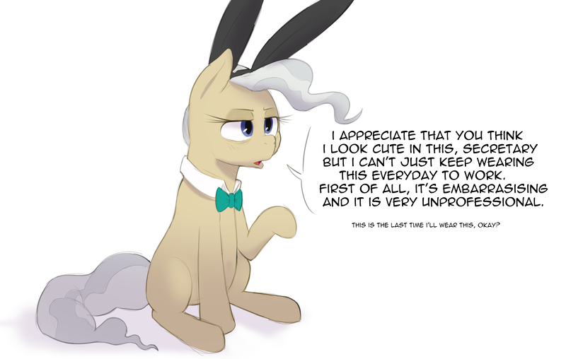 Size: 3400x2160 | Tagged: safe, artist:hitsuji, derpibooru import, mayor mare, earth pony, pony, bowtie, bunny ears, dialogue, female, high res, image, mare, png, simple background, sitting, solo, text, white background