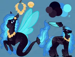 Size: 1024x778 | Tagged: safe, artist:ratkingtyler, derpibooru import, oc, unofficial characters only, classical hippogriff, hippogriff, seapony (g4), beak, blue background, blue eyes, blue mane, chest fluff, claws, dorsal fin, feather, fins, fin wings, fish tail, flowing tail, folded wings, image, jewelry, jpeg, looking at you, male, necklace, seashell necklace, simple background, smiling, solo, tail, wings