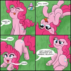 Size: 2500x2500 | Tagged: safe, artist:pony-thunder, derpibooru import, pinkie pie, earth pony, pony, behaving like a dog, comic, cupcake, food, grass, image, png, puppy pie, this will end in science