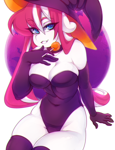 Size: 1212x1575 | Tagged: suggestive, artist:tolsticot, derpibooru import, oc, oc:cherry pop, unofficial characters only, anthro, earth pony, anthro oc, bedroom eyes, breasts, candy, cleavage, clothes, earth pony oc, eyebrows, eyebrows visible through hair, eye clipping through hair, female, food, grin, image, leotard, lollipop, looking at you, png, simple background, sitting, smiling, smiling at you, solo, solo female, white background, witch costume